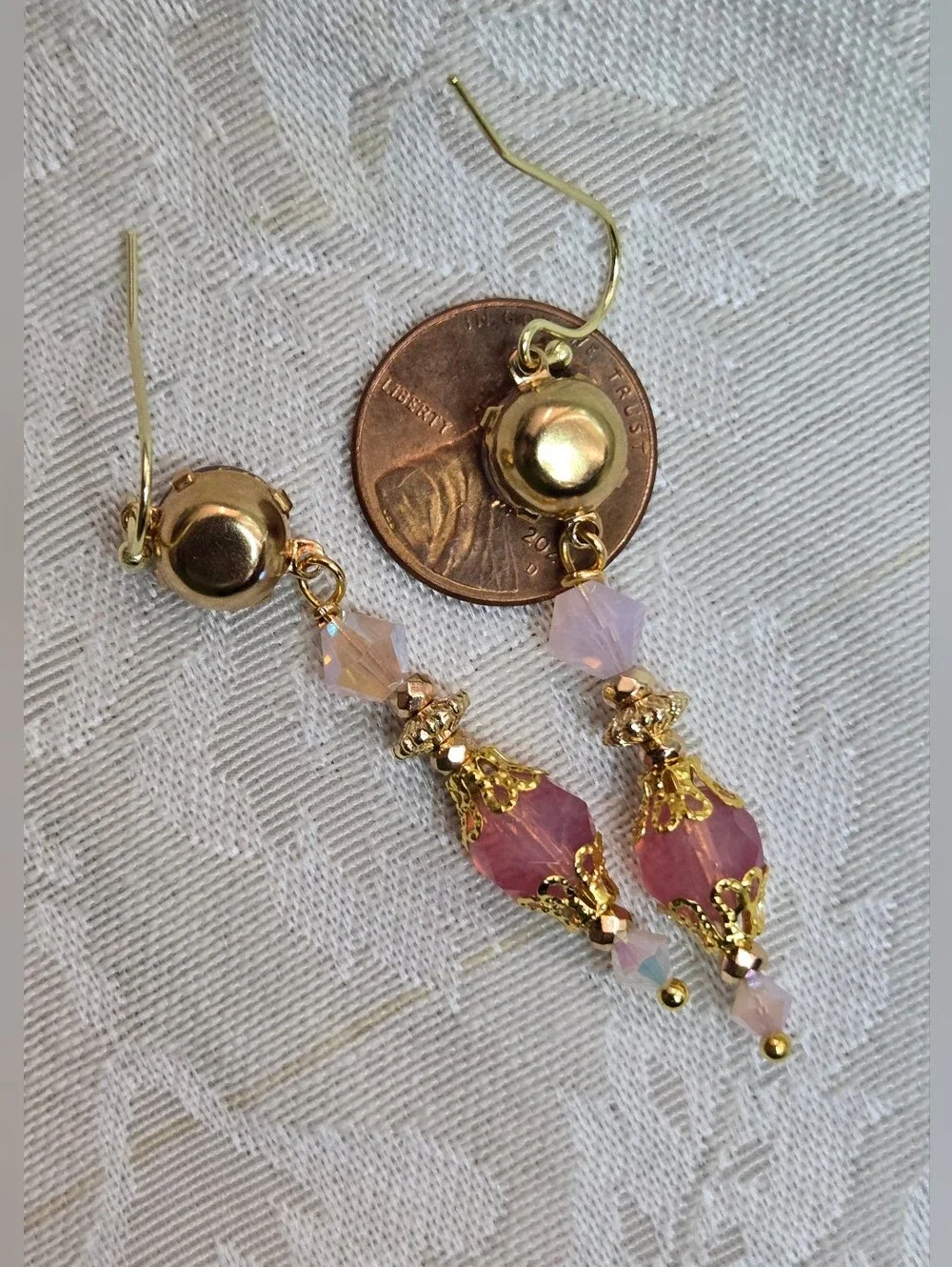 Victorian Delicate & Dainty Pink Opal Swarovski & Glass In Gold Plated Earrings